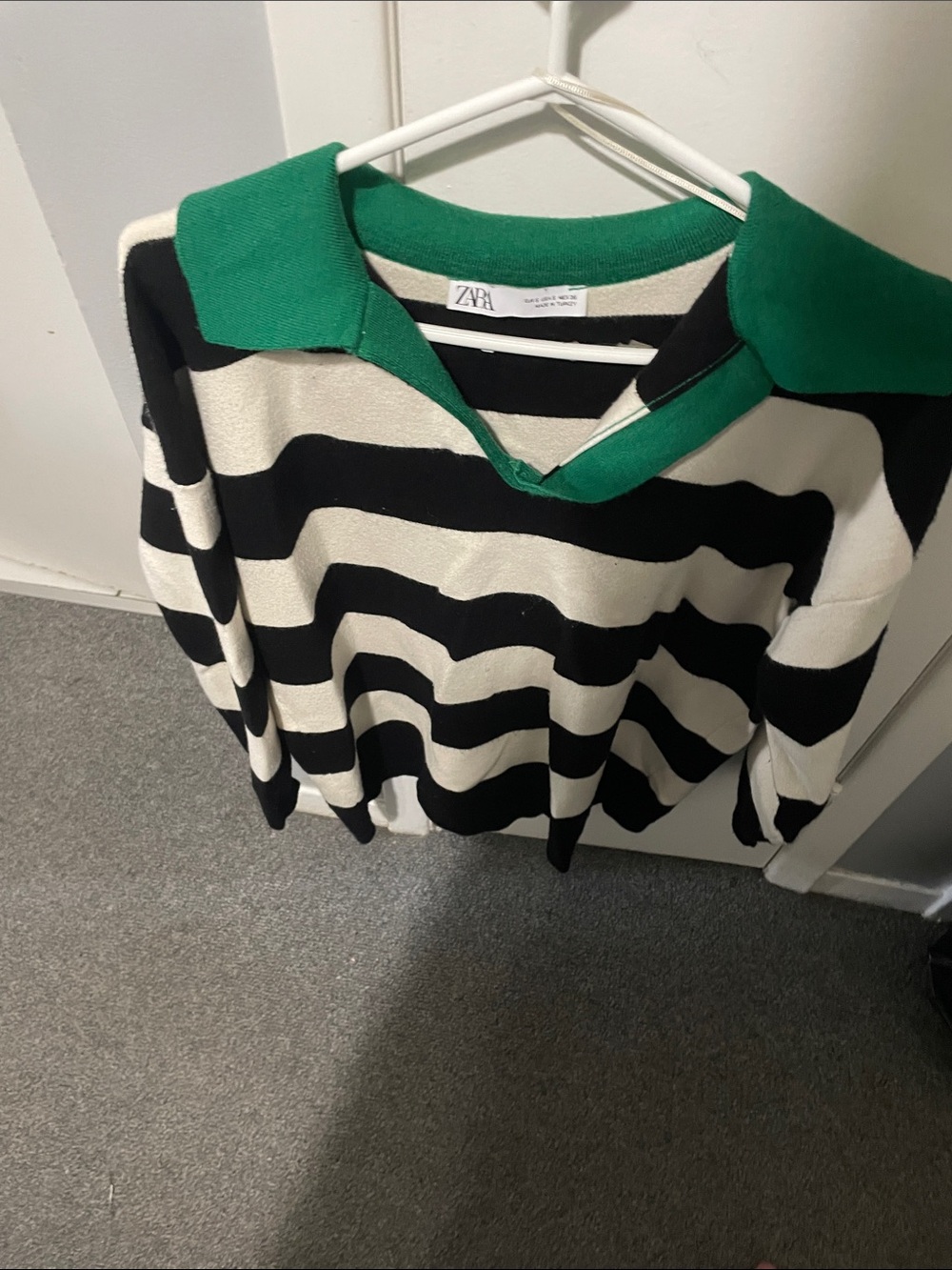 Zara Black & White Striped V-Neck Sweater with Green Collar